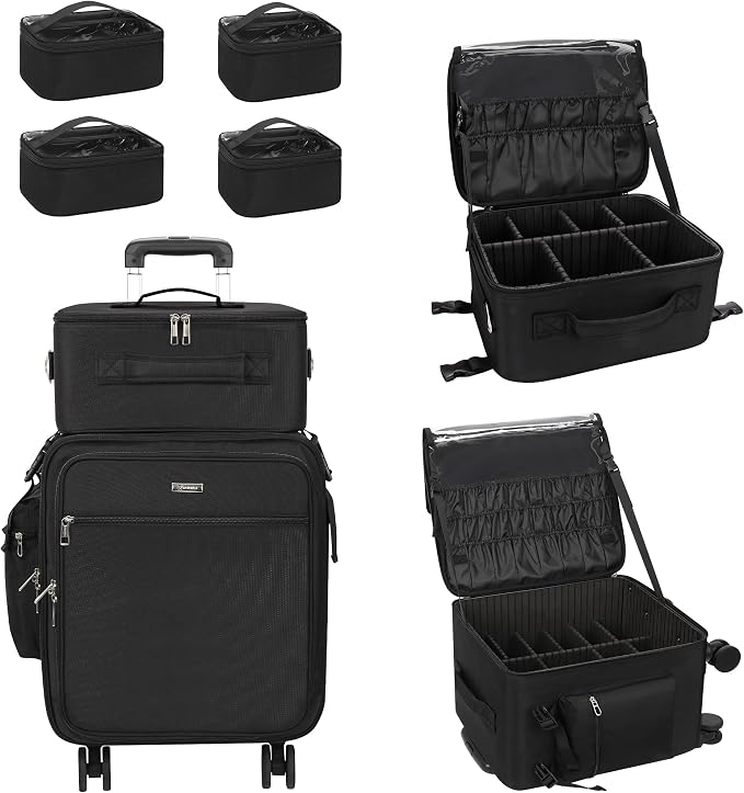Relavel Rolling Makeup Case Professional Makeup Train Case, Makeup Artist Travel Bag with Wheels, 3-in-1 Portable Travel Beauty Trolley Case for Cosmetology Storage (Black) by Relavel