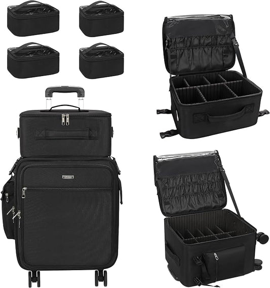 Relavel Rolling Makeup Case Professional Makeup Train Case, Makeup Artist Travel Bag with Wheels, 3-in-1 Portable Travel Beauty Trolley Case for Cosmetology Storage (Black) by Relavel