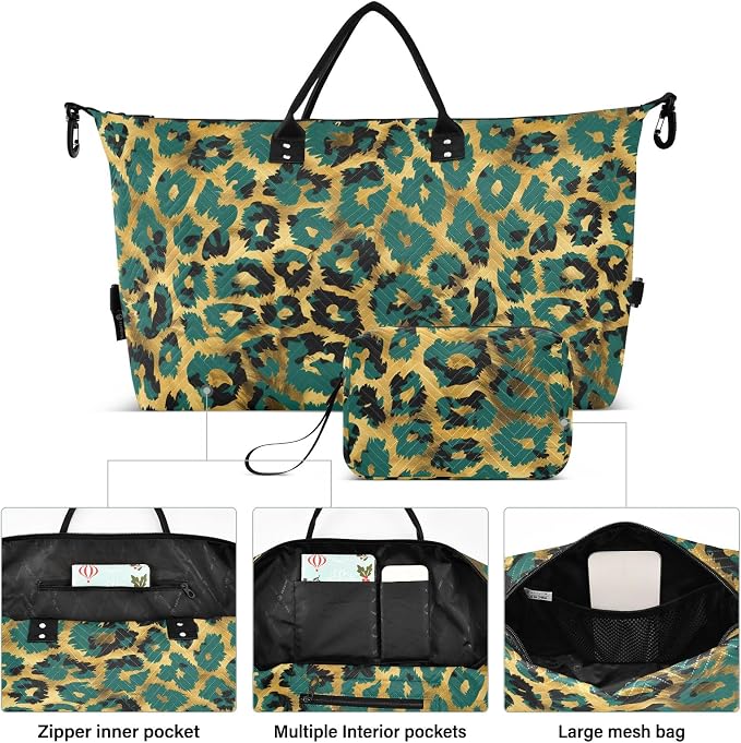 Weekender Bags Travel Duffel Gym Bag Leopard Green Skin Animal Carry on Overnight Tote Bag with Toiletry Bag for Airplane Travel Trip Gym Yoga - Image 2