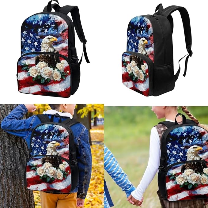 American Flag Eagle Flower School Bookbag with Lunch Bag Pencil Case 3 PCS Set Lightweight Preschool Elementary Backpack Shoulder Bag Organizer Daypack Rucksack for Teen - Image 2