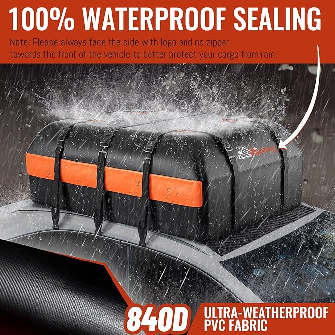 Car Rooftop Cargo Carrier Bag, 21 Cubic Feet 100% Waterproof Heavy Duty 840D Car Roof Bag for All Vehicle with/Without Racks - Anti-Slip Mat, 6 Door Hooks, Storage Bags, 2 Extra Straps, Luggage Lock - Image 2