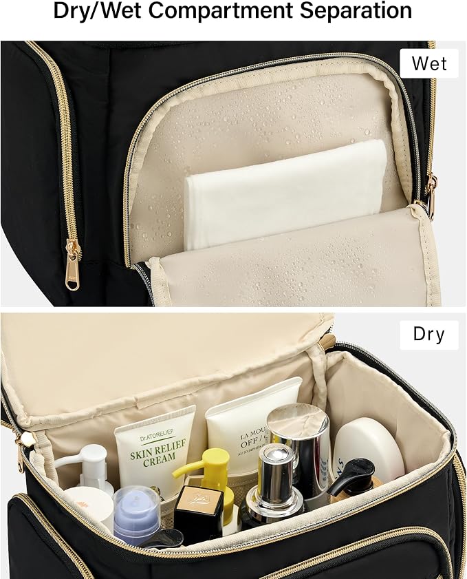 Hanke Large Toiletry Bag for Women Travel, Double Layer Organizer with Wide Opening for Full-Size Cosmetics & Toiletries, 12.2L Water-Resistant Makeup Bag,Black - Image 4