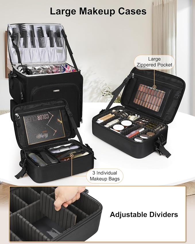 Relavel Rolling Makeup Case, 3 in 1 Hairstylist Traveling Bag Cosmetology Case on Wheels Large Hair Tools Cosmetics Train Case Makeup Artist Storage Organizer Trolley Suitcase with 360° Swivel Wheels - Image 4
