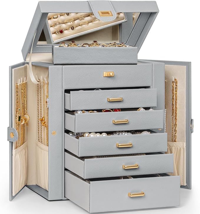 AKOZLIN 6-Tier Jewelry Box Organizer Functional 5 Drawers Leather Jewelry Storage Case for Women Girls Ring Necklace Earring Bracelet Holder Organizer with Mirror Medium Grey - Image 7