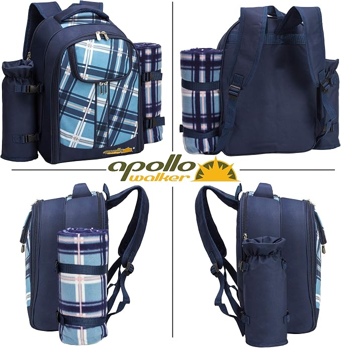 Apollo walker Picnic Backpack Set for 4 with Cooler Compartment,Detachable Bottle/Wine Holder Including Large Picnic Blanket(45"x 53") for Picnic Family and Lovers Gifts,Outdoor,BBQ Time (Blue) - Image 4