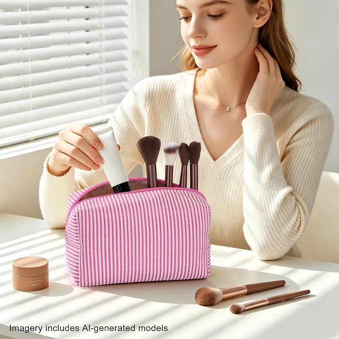 Makeup Bag Set for Women, 6PCS Travel Cosmetic Bags Pencil Case, Striped Seersucker Toiletry Organizer Pouches, Cute Makeup Pouch for Purse, Accessories and Gifts, Rose Red - Image 5