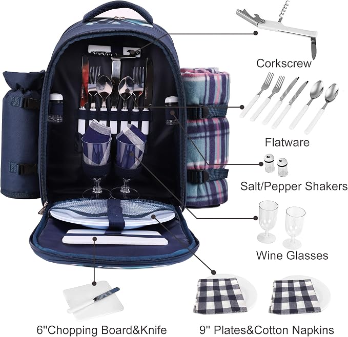 Apollo Walker Picnic Backpack Bag for 2 Person with Cooler Compartment, Detachable Bottle/Wine Holder, Fleece Blanket, Plates and Cutlery (Blue) - Image 2