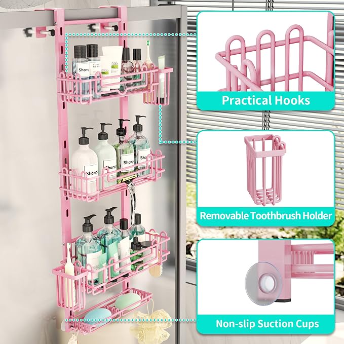 HapiRm Hanging Shower Caddy Organizer - Shower Shelf with 22 Hooks and 2 Toothbrush Holders, No Drilling Adjustable Hanging Bathroom Organizer - Pink - Image 3