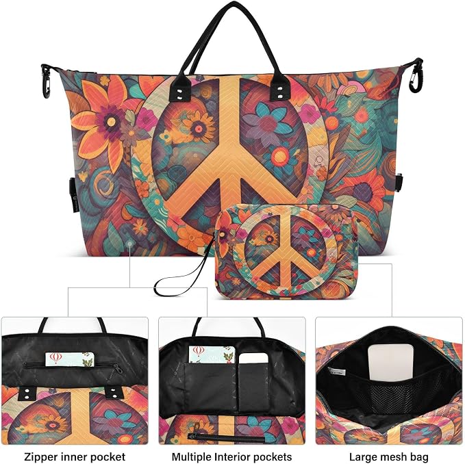 Duffel Bag Set with Toiletry Bag for Travel Gym Sport, Luggage Sleeve Weekender Bag Carry on Overnight Bag-Hippie Peace Print - Image 2