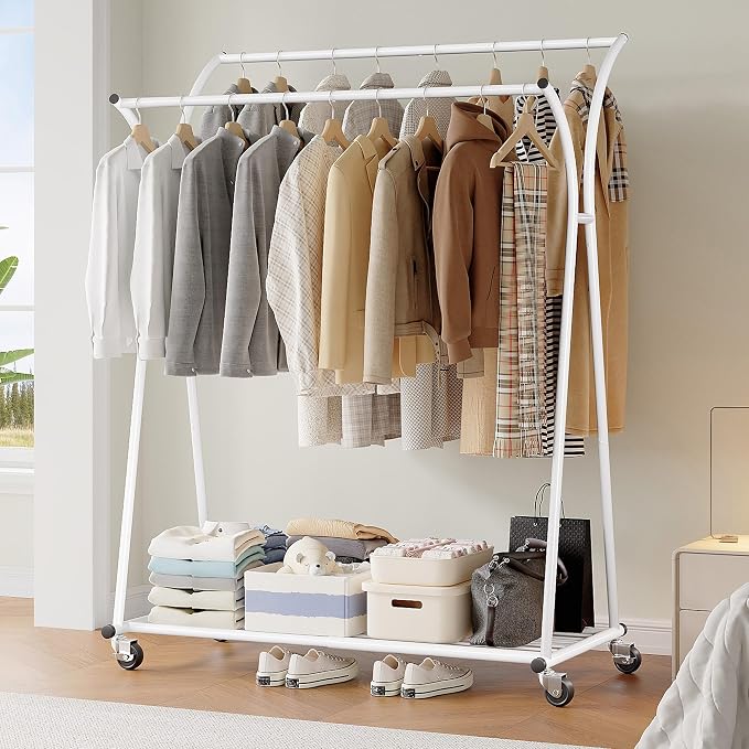 Raybee Heavy Duty Clothes Racks for Hanging Clothes, Clothing Rack with Wheels Load 360LBS, Portable Double Rod Garment Racks for Closet, Bedroom, Commercial Use, 69''H*52''W*20''D, White - Image 7