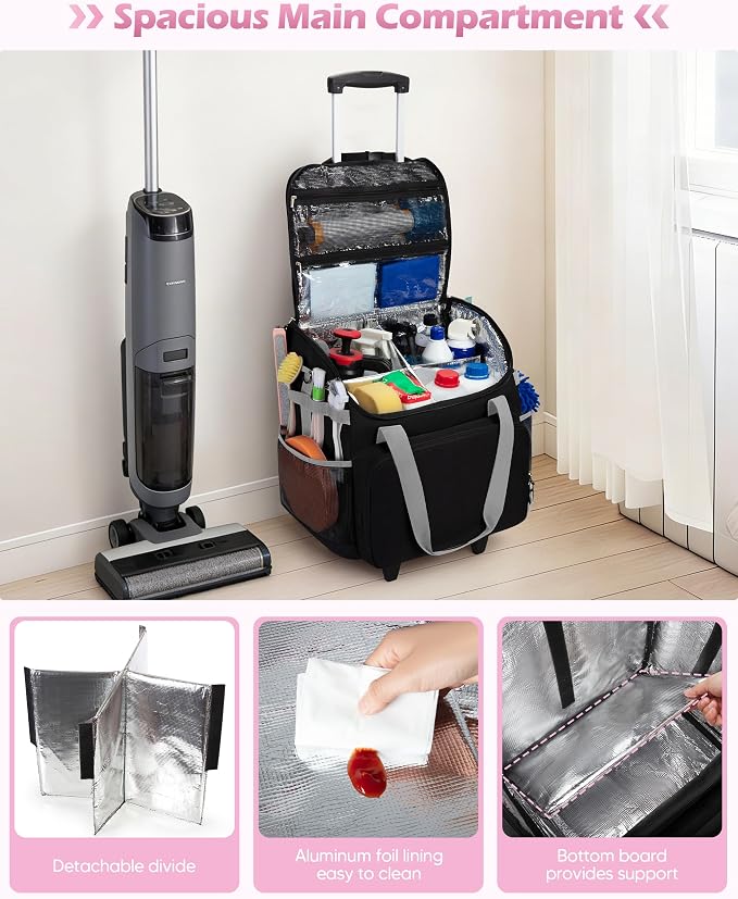 Marscamd Large Rolling Cleaning Caddy Bag with Detachable Trolley, Cleaning Supplies Organizer with Wheels for Housekeepers, Black - Image 4