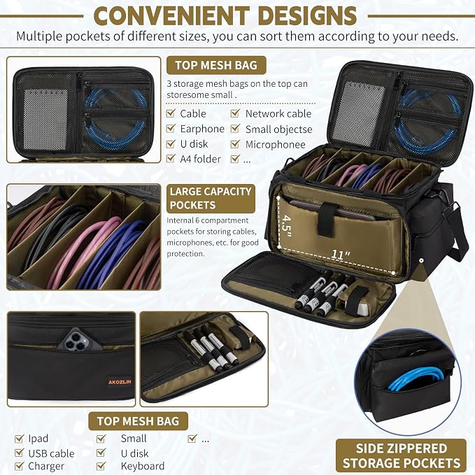 AKOZLIN Cable File Bag with Detachable Dividers for DJ Gear, Sound Instrument Accessories - Image 3