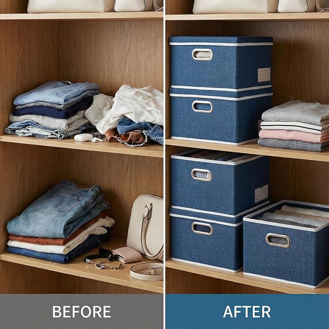 PRANDOM Storage Bins with Lids [3-Pack] Linen Fabric Foldable Storage Boxes Organizer Containers Baskets Cube with Cover for Bedroom Closet Office Royal Blue（11.4X8.6X6.7 - Image 6