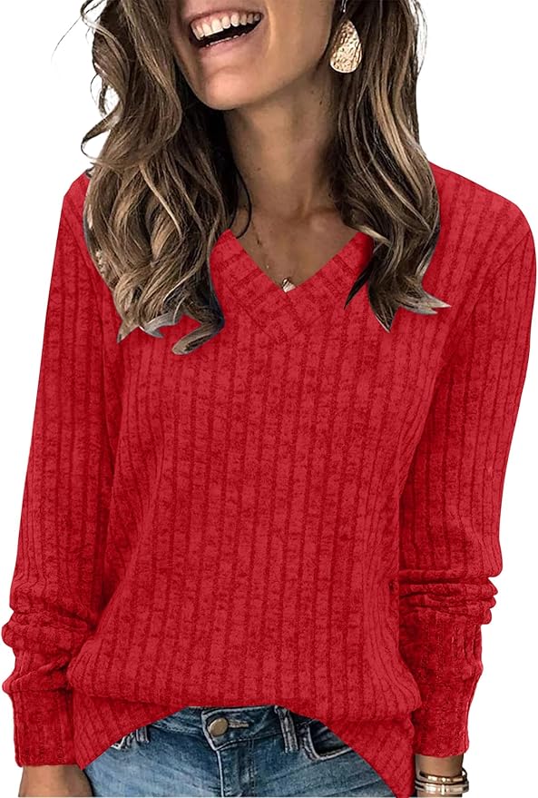 Sampeel V Neck Long Sleeve Shirts for Women Casual Fall Tops Lightweight Tunic Sweaters Fashion Clothes Loose Fit 2025