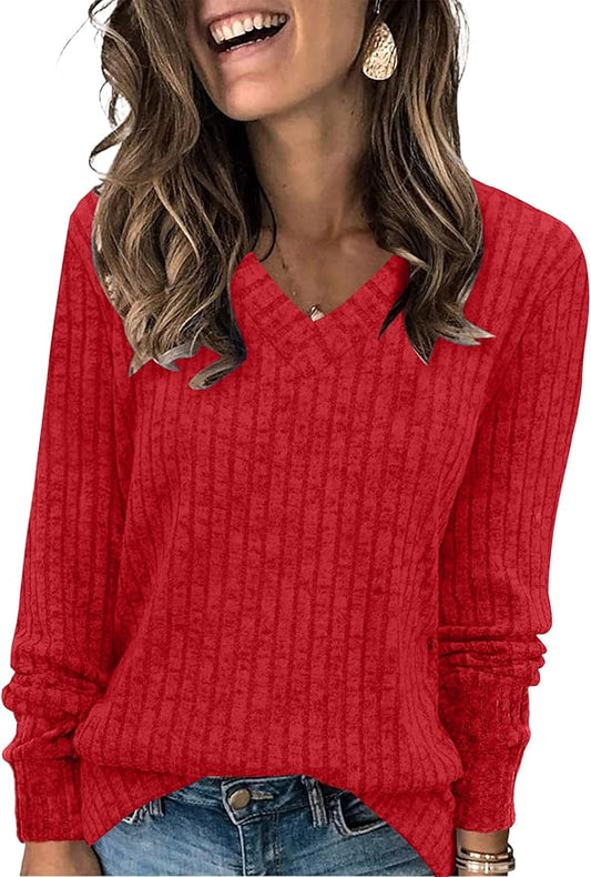 Sampeel V Neck Long Sleeve Shirts for Women Casual Fall Tops Lightweight Tunic Sweaters Fashion Clothes Loose Fit 2025