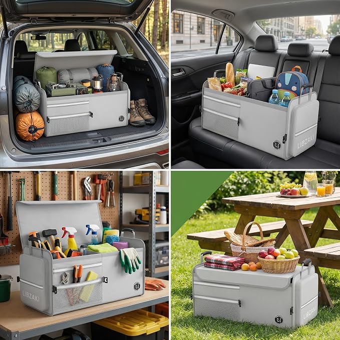 LIBZAKI Car Trunk Storage Organizer, Multi Compartment Collapsible Trunk Storage Box for Car Truck SUV-Gray - Image 7