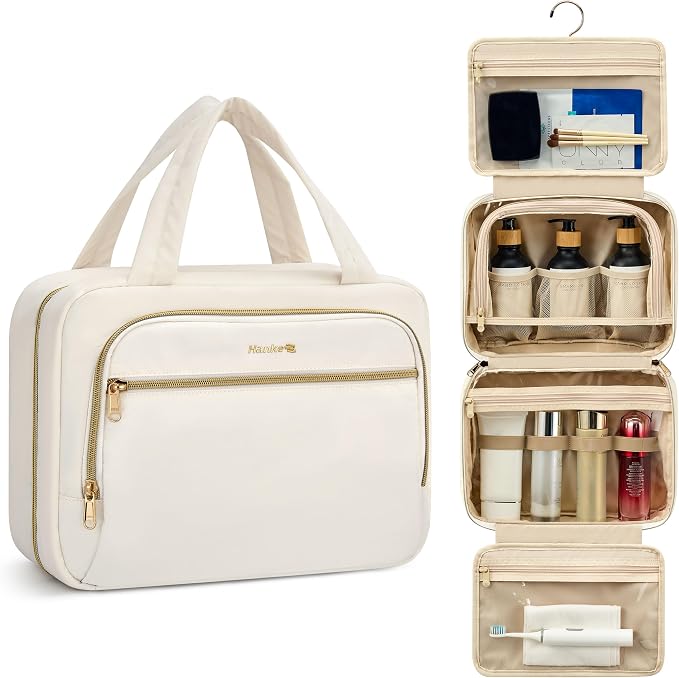 Hanke Hanging Travel Toiletry Bag for Women, Water-Resistant Makeup Organizer with Hook, Cosmetic Bag for Bathroom & Travel Essentials Accessories, Off White by Hanke