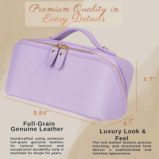 VENOULT Makeup Bag, Spacious Cosmetic Case for Women, Portable 180° Wide-Open Flat Cosmetic Bag, Travel Toiletry Organizer with Handle, Hanmdade, Full Grain Genuine Turkish Leather (Mauve) - Image 3
