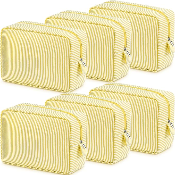 Sanwuta 6 Seersucker Cosmetic Bag Bulk Striped Makeup Bag for Women Aesthetic Cute Travel Toiletry Organizer Preppy Storage Pouch for Wedding Bridesmaid Mother's Day Teacher Gift (Large,Yellow) by Sanwuta