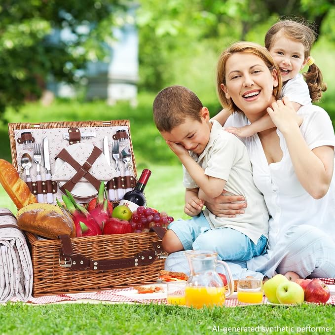 Picnic Baskets Wicker Willow Picnic Set for 4 Persons with Insulated Cooler Bag and White Floral Waterproof Picnic Blanket Gift for Christmas Thanksgiving Wedding Birthday Camp Outdoor Beach Travel - Image 7