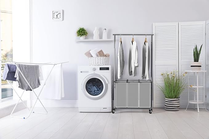 Simple Houseware 3 Bags Laundry Sorter Cart with Hanging Rod, Silver | Extendable Width from 30.6 to 48", Removable 3-Section Laundry Basket - Image 3
