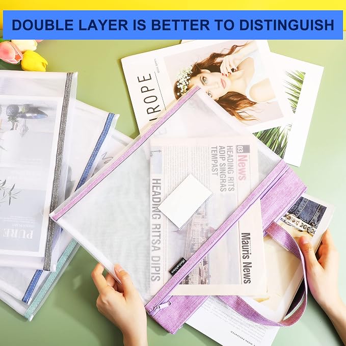 Zhehao 6 Pcs Student Book Pouches with Handle Document Bag Sew Project Bag for Quilting Mesh Zipper Pouch File Artwork Storage Organize for A4 Files, 14 x 11 Inch - Image 2