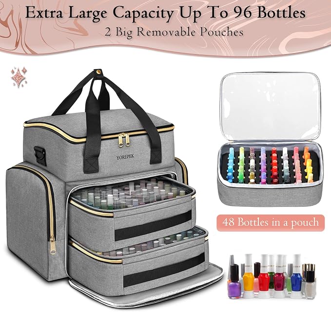 YOREPEK XL Nail Polish Organizer Case for 96 to 100+ Bottles, Urban Mist | Nail Polish Holder with Support Board for Easy Access, Gel Nail Kit Bag For Manicure Tools, Nail Stuff, Travel, kit de uñas - Image 3