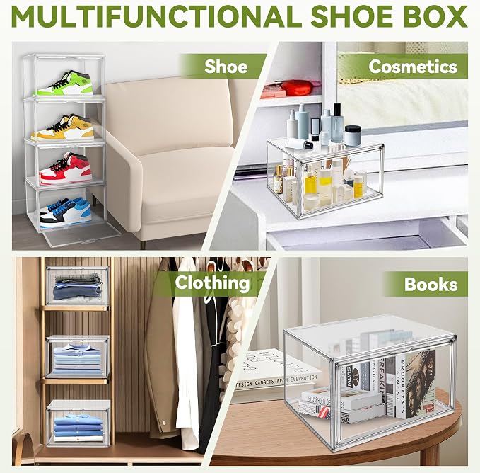 12 Pack Clear Plastic Shoe Boxes, Stackable Magnetic Door, Fit Size 12.5 | 14.2 x 10.6 x 8.1 in clear plastic boxes for daily sneakers, casual shoes and closet storage - Image 8