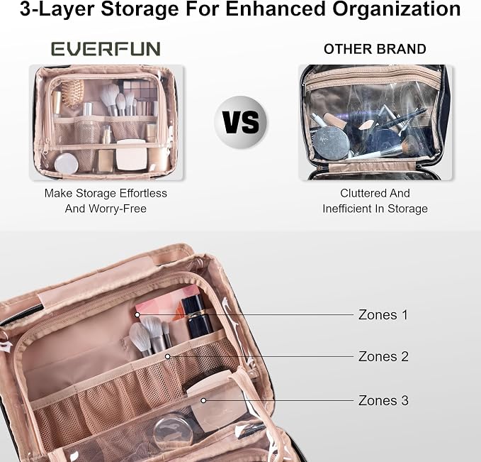 Everfun Travel Toiletry Bag with Hanging Hook and Leakproof Wet/Dry Compartments, Large Capacity Makeup Cosmetic Organizer for Women, 12x9x4.5 Inch, Light Purple - Image 3