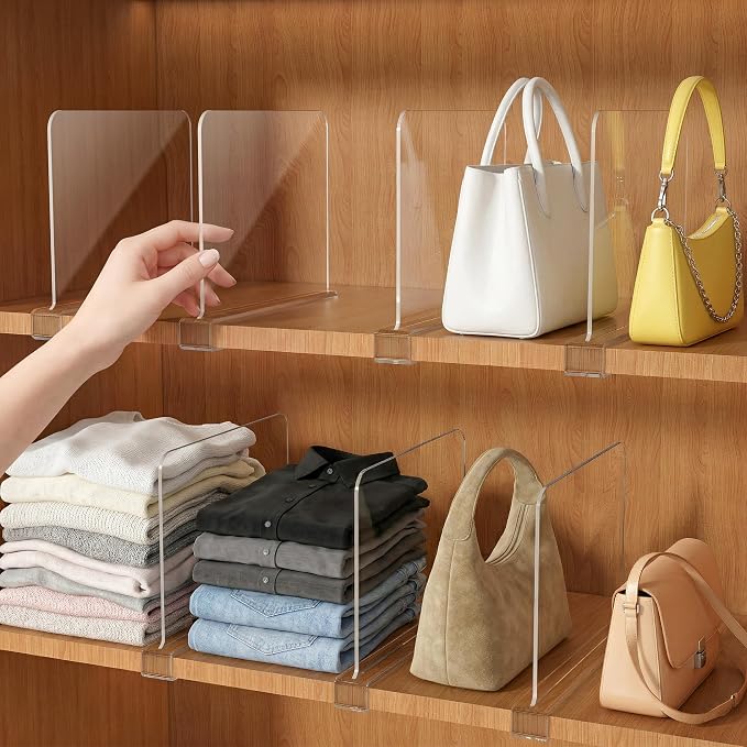 OKPOW Shelf Dividers for Closet Organization: 6 Pack 8" Tall X 12" Deep Acrylic Clear Sturdy Separators for Clothes Purse - Adjustable Easy Install Storage for Wood Cabinet Home Organizer Housewife by OKPOW