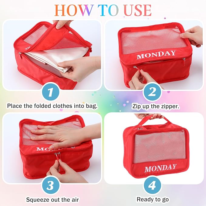 Days of Week Packing Cubes Summer Camp Essentials Weekly Organizer Storage Bag School Clothes for Travel Kids Family(9x7x3inch,Rainbow,8) - Image 6