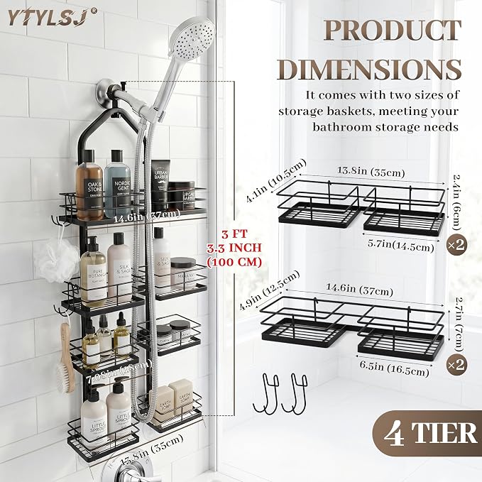 4-Tier Hanging Shower Caddy for Handheld Showerhead, Heavy-Duty Stainless Steel with Dual-Rotating Clamp, Matte Black - Image 2