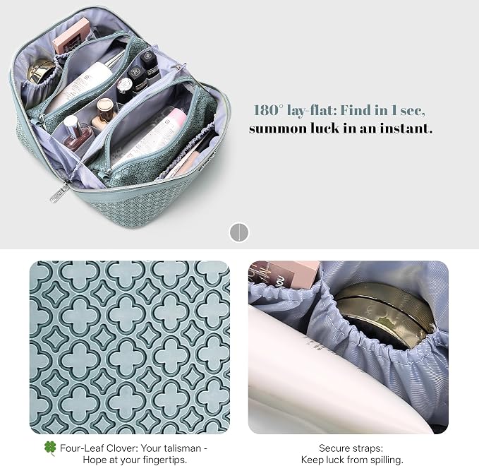 BOYATU Travel Makeup Bag for Women: Four Leaf Clover Large Capacity 3 Pcs Set Cosmetic Bags - Waterproof 50% Extra Space for Toiletry Organizer - Travel Essentials for Fortunate (04 Light Blue) - Image 7