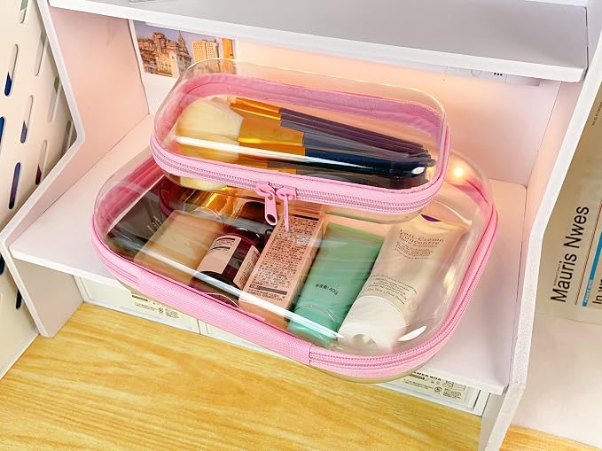 6PCS Clear Hard Shell Zipper Case 13.8 * 11.8 * 2 IN (Pink) | Transparent shell for easy item access. Works as cosmetic bag, toy pouch, diaper organizer and pencil case. - Image 4