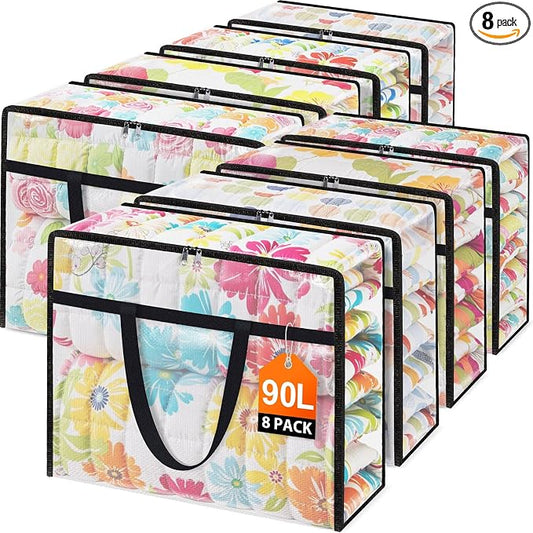 Clear Under Bed Storage Containers - 8 Pack Large Capacity Clothes Storage Bags with Lid & Sturdy Handles, Foldable Moving Bags, Clothing Organizer Totes for Bedding, Comforter, Sheet（90 L） by Unknown