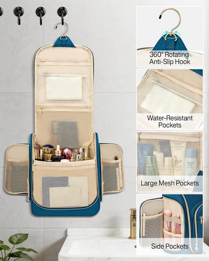 Hanke Hanging Travel Toiletry Bag for Men and Women, Water-Resistant Toiletries Bag Makeup Organizer with Hook, Cosmetic Bag for Bathroom & Travel Essentials Accessories, Navy Blue - Image 5