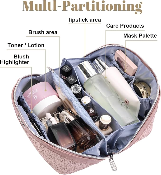 BOYATU Travel Makeup Bags Cosmetic Organizer Bag: 3-Set Large Capacity Make up Bag - PU Leather Toiletry Bags for Women - Wide Open Portable Pouch with Divider & Handle (A-Light Pink) - Image 3
