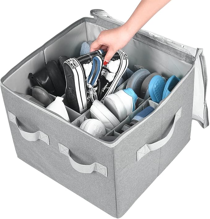 Moteph Shoe Organizer Closet Storage Solution with Clear Cover & Adjustable Dividers for Shoes, Handbags, Blankets, Linen, Clothing (Grey, Small - 12 Pairs) - Image 4