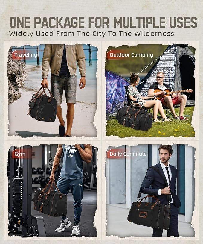 ARCFOX Vintage Waxed Canvas Duffle Bag for Men, Expandable to 45L Waterproof Weekender Overnight Travel Bag with Shoe Compartment, Adjustable Shoulder Strap, Carry On Duffel Bags for Airplanes, Black - Image 9