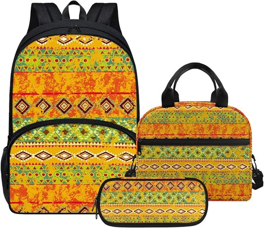Orange Tribal Aztec Backpack with Lunch Box and Pencil Case Girls Comfy Padded Cute School Backpack Set of 3 Bookbag for Student Lightweight Large Capacity Daypack by Parprinty