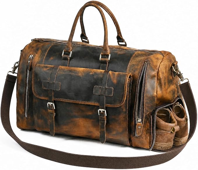 Canvas + Leather Travel Luggage Tote Duffle Gym Suitcase Weekender Overnight Bag For Men Male FB8151 (8151-Dark Brown2) by Handadsume