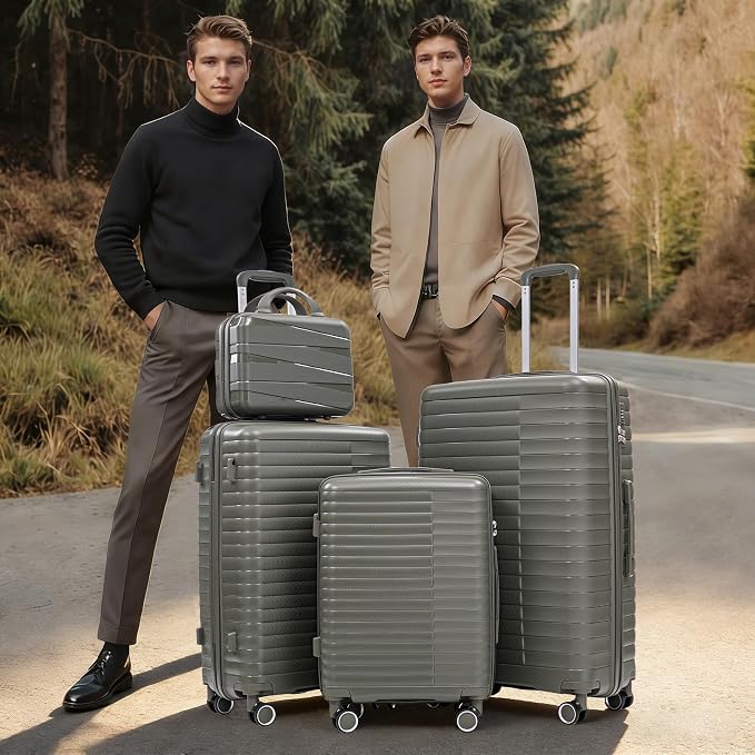 4-Piece PP Hardshell Luggage Set with 14" Cosmetic Case, 20"/24"/28" Spinner Suitcases,Carry On with Iron Telescopic Handle, Combination Lock,360° Double Silent Wheels,Waterproof Travel Set,Green - Image 2