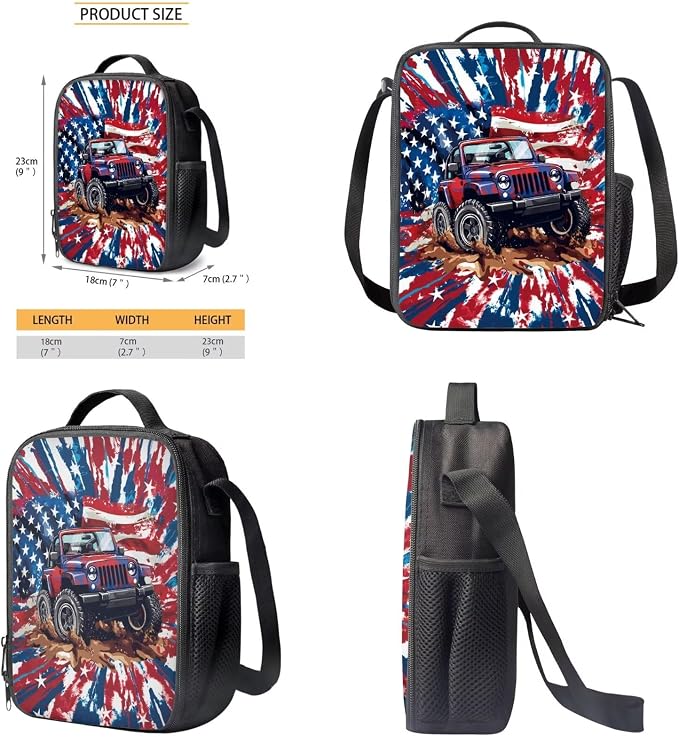 Kids Backpack Set for Girls and Boys with Insulated Lunch Box Pencil Pouch Case, Knapsack Set Suitable for School Lightweight Schoolbag Set, Tractor American Flag Tie-Dye - Image 6