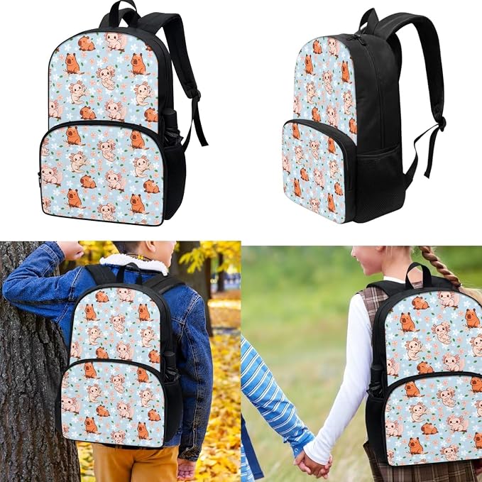 Capybara and Axolotl 3Pcs Backpack Sets, Kids Bookbags Primary School Daypack Elementary Students Knapsack with Insulated Lunch Box Pencil Case for Teens - Image 2