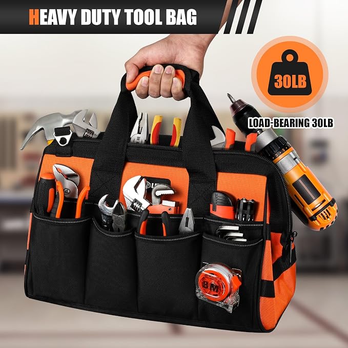 UUP 15" Heavy Duty Tool Bag, 16-Pocket Tool Box Organizer Orange | 16 Pockets & MOLLE. Detachable Strap & Handle. Non-slip Base, Metal Buckle. 30lb Holds Tools on Truck, Garage, Men Gift. - Image 4