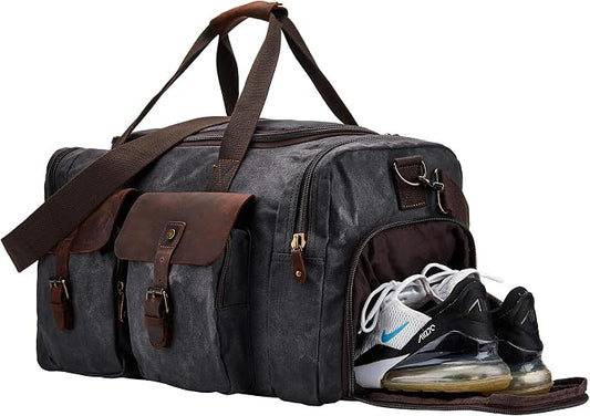 Waxed Canvas Duffel Bag with Shoe Compartment | Waxed Canvas Travel Bag for Men, Genuine Leather Trim, Shoe Compartment, Front Pockets, Weekend, Overnight and Carry-On Use by BRASSTACKSLeathercraft