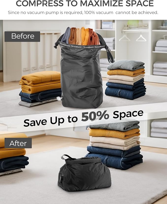 Travel Laundry Bag, Pump-Free Vacuum Compression Dirty Clothes Bag, Reusable Waterproof & Washable Laundry Bag, Wet and Dry Bag, Ideal for Suitcases, Road Trip Essentials (2 Pcs, M+M) Black - Image 3