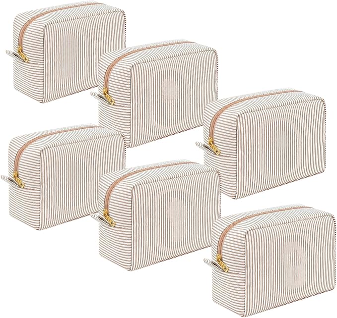 6 PACK Makeup Bags-Bulk Graduation Gifts Seersucker Bridesmaid Proposal Gifts Large Makeup Pouch for Wedding Party Favors Bachelorette Party Decorations Toiletry Organizer Bag Cosmetic Bag (6, Khaki) by Home