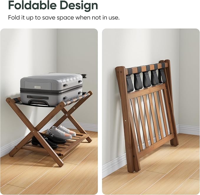 Smart FENDEE Set of 2 Fully Assembled 26.77" Dark Walnut Luggage Racks with Foldable Shoe Shelf, 5 Heavy-Duty Straps Bamboo Suitcase Stand, Luagge Holders for Guest Room Bedroom, Hotel - Image 4