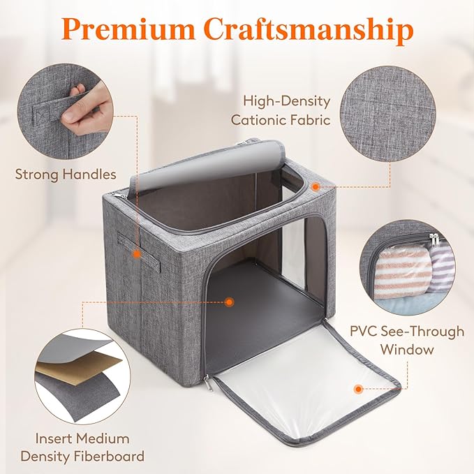 Lifewit Clothes Storage Bins with Metal Frame, Stackable Storage Box, Foldable Clothing Storage Bins with Lids, 40L Storage Bags Fabric Box Organizer with Clear Window＆ Zippers＆ Sturdy Handles 4 Pack - Image 3